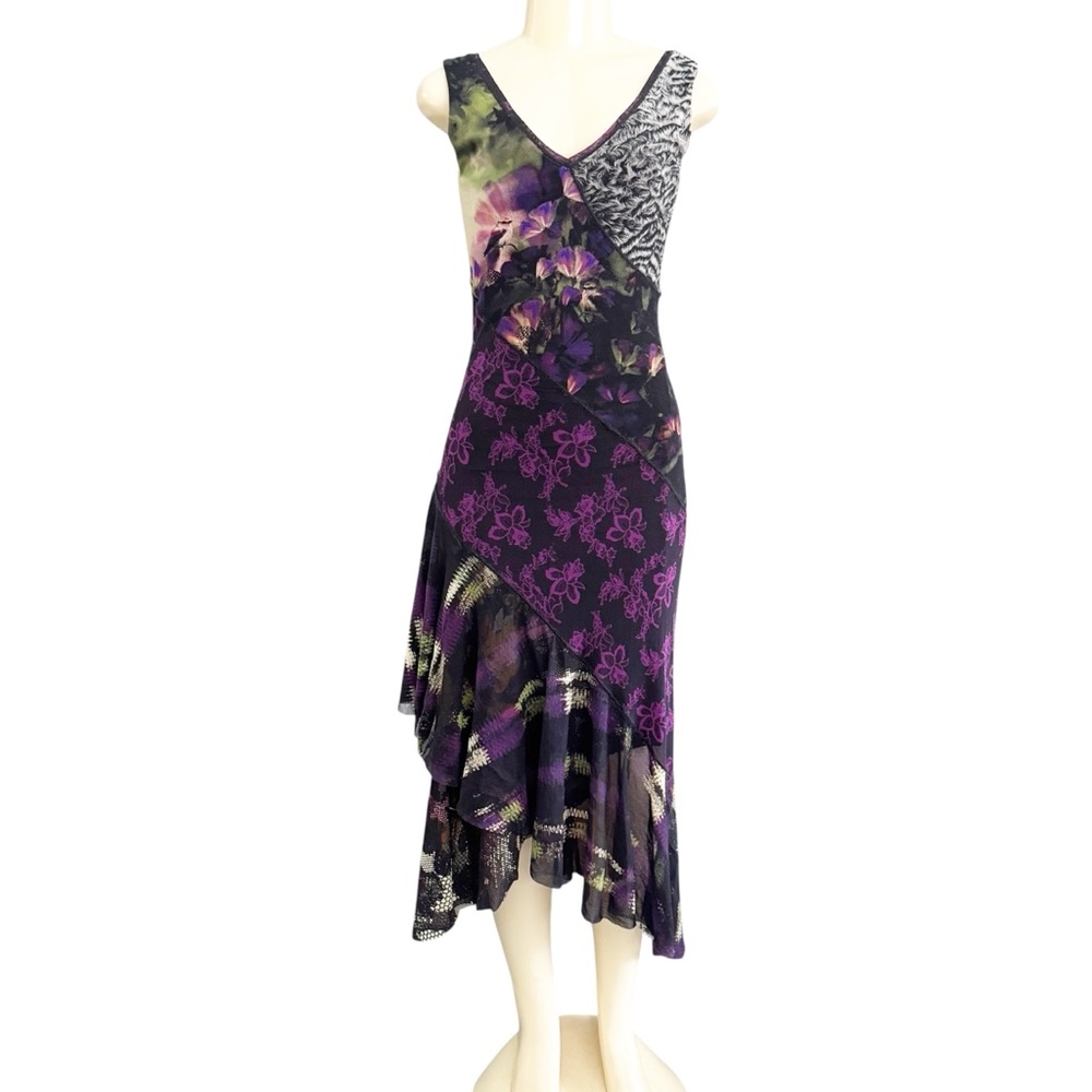 Fuzzi Designer Elegant Black Purple Birds Floral Animal Print Asymmetrical Dress